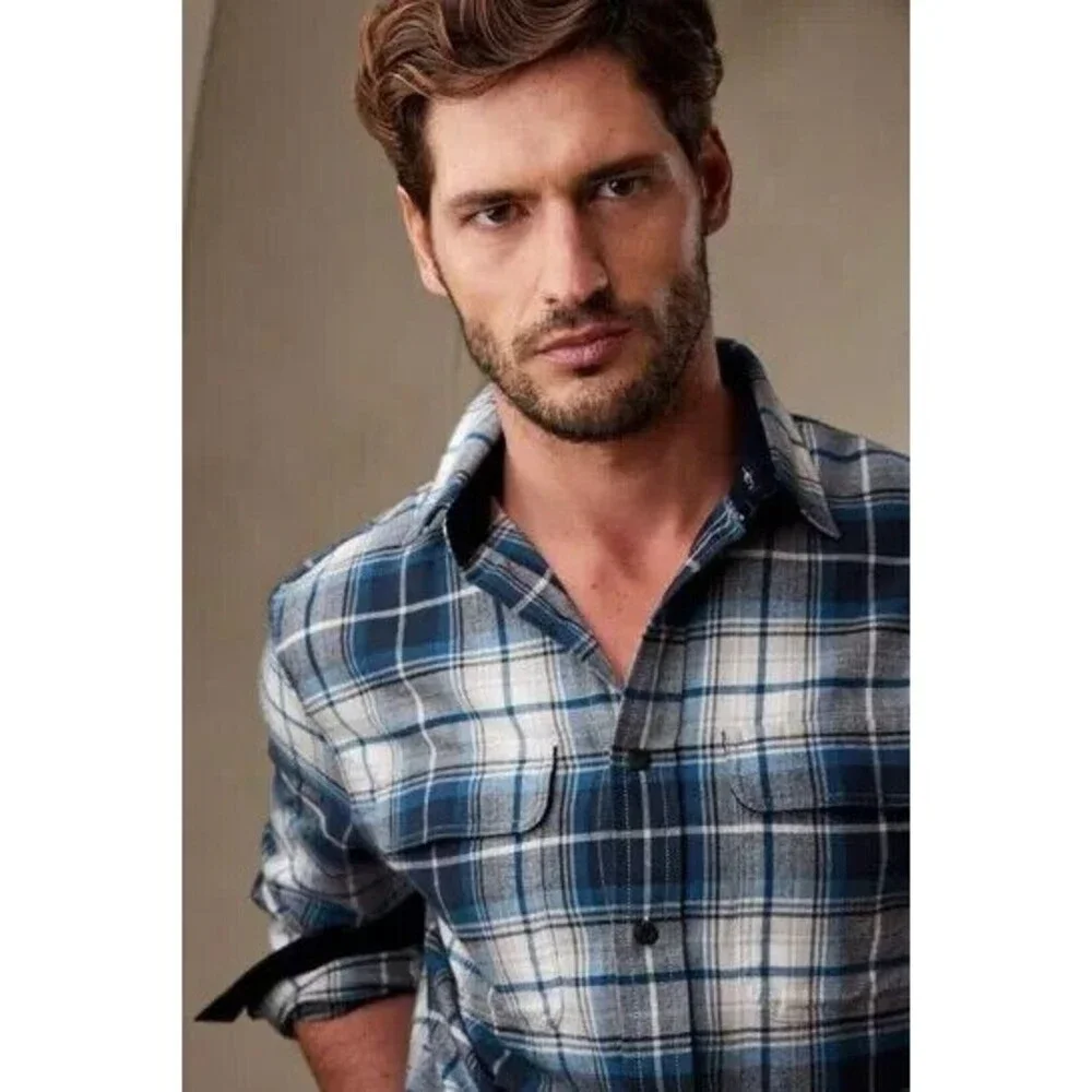 Banana Republic Flannel Shirt Mens Large Blue Plaid Elbow Patch Organic Cotton